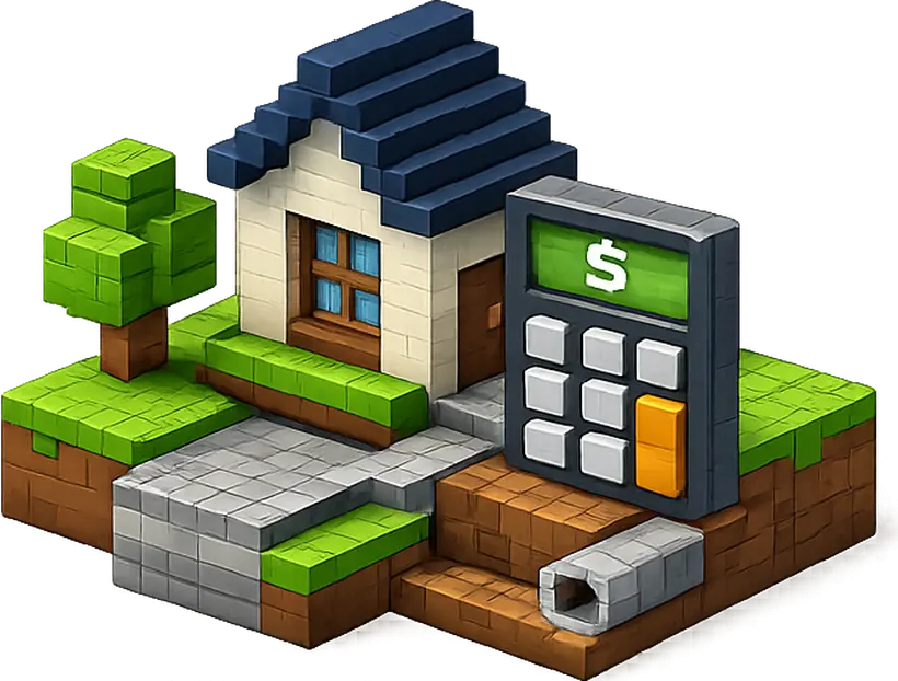 InstallCosts — voxel house with a calculator, tree and stone path on a grass block